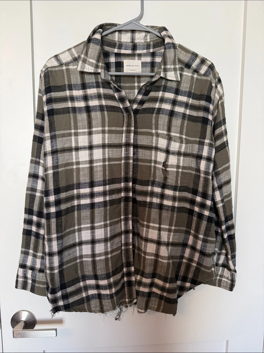 American Eagle Outfitters Olive Green Black White Plaid Button-Down Shirt